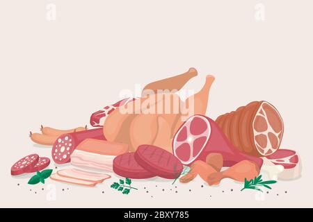 Vector Background, Fresh Pieces of Raw Meat, Chicken, Sausage, Rib Eye, Tenderloin Fillet, Ham, Bacon, Steak, Greens Set Isolated in Cartoon Style Stock Vector