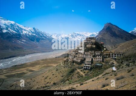 Key Monastery in a picturesque setting in in Spiti Valley, Himachal Pradesh, India. Also known as kee, ki or Kye gompa. Picturesque view of one of the Stock Photo