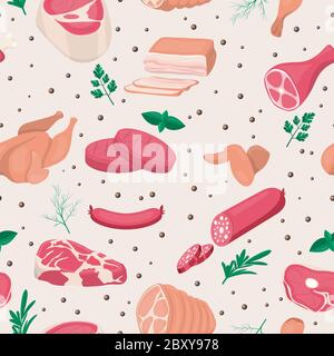 Vector Seamless Pattern with Fresh Pieces of Raw Meat, Chicken, Sausage, Rib Eye, Tenderloin Fillet, Ham, Bacon, Greens Isolated in Cartoon Style Stock Vector