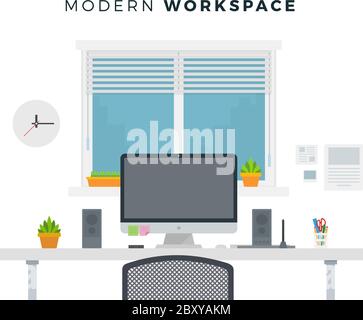 Modern workspace with window speakers, flower and desktop on white background Stock Vector