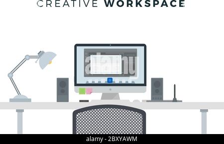 Minimalist work space with desk lamp, speakers, desktop on white background Stock Vector