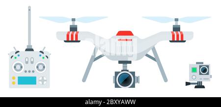 Set of a drone with a camera, a remote control and an action camera vector icon flat isolated. Stock Vector