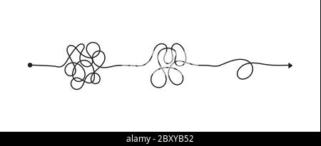 Tangled line, complex knot rests in straight line, isolated vector illustration Stock Vector