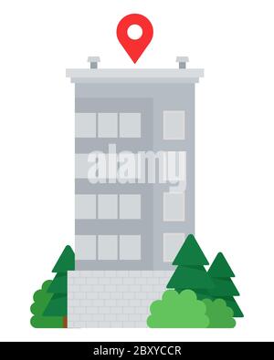 High-rise building with trees and a rooftop location point Drone delivery vector icon flat isolated. Stock Vector