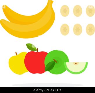 Whole banana with banana slices, red, green, yellow apples Stock Vector
