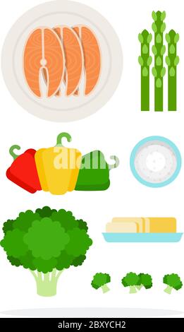 Salmon on a plate, of asparagus stalks, red, green, yellow peppers, cottage cheese, butter in a dish, broccoli florets Stock Vector