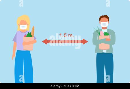Vector illustration of two people in supermarket, buying food and keeping distance Stock Vector