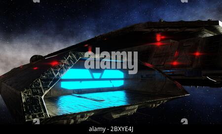 Futuristic space ship in . Earth planet wonderfull view. realistic metal surface . 3d rendering. Stock Photo