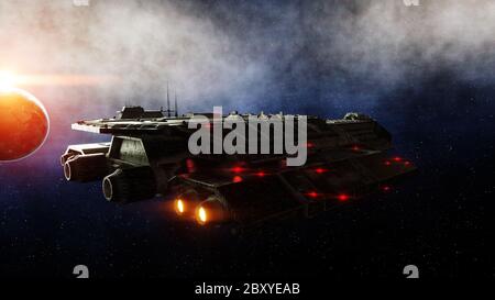 Futuristic space ship in . Earth planet wonderfull view. realistic metal surface . 3d rendering. Stock Photo