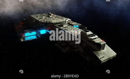 Futuristic space ship in . Earth planet wonderfull view. realistic metal surface . 3d rendering. Stock Photo