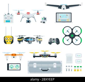 Set of different drones with control panels vector illustration in a flat design Stock Vector