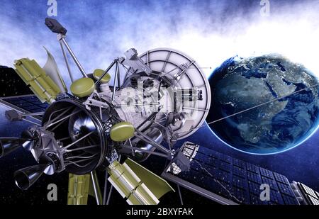 Satellite in space. view of the earth. Sunrise. 3d rendering. Stock Photo