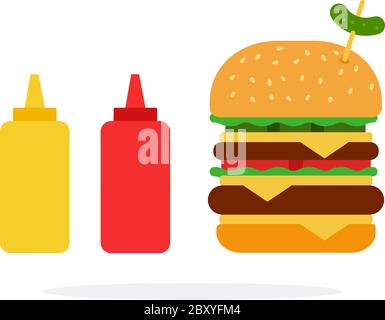 Double burger with cheese and beef and dispenser of ketchup and mustard Stock Vector