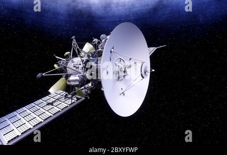 Satellite in space. view of the earth. Sunrise. 3d rendering. Stock Photo