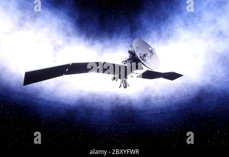 Satellite in space. view of the earth. Sunrise. 3d rendering. Stock Photo