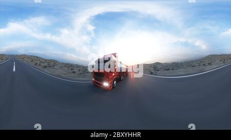 Gasoline tanker, Oil trailer, truck on highway. Very fast driving. 3d rendering. 360 spherical panoramic Stock Photo