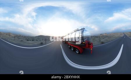 Gasoline tanker, Oil trailer, truck on highway. Very fast driving. 3d rendering. 360 spherical panoramic Stock Photo