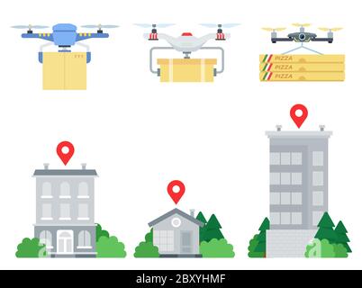 Quadcopters with cargo deliver the goods to the address vector illustration in a flat design Stock Vector