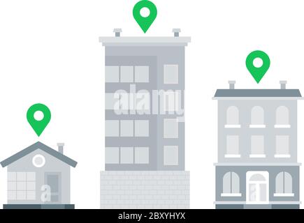 Location pins above buildings vector icon flat isolated Stock Vector