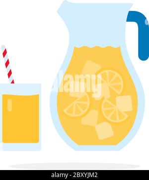 Lemonade with ice in a glass jug and a glass of lemonade with straws flat isolated Stock Vector
