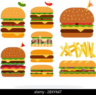 Hamburger, cheeseburger, sandwich, double burger with beef, burger with cheese and bacon, french fries Stock Vector