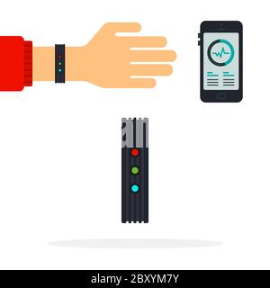 Fitness bracelet with heart rate monitor, pulse on screen Fitness trackers vector icon flat isolated Stock Vector