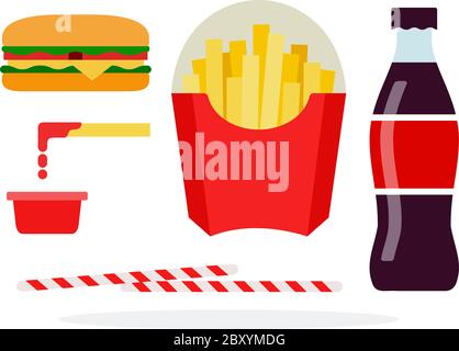 Veggie burger, french fries in the package, soda, straws, potatoes in ketchup Stock Vector
