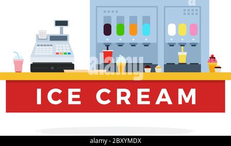 Ice Cream counter with food and tools flat vector Stock Vector