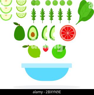 Pieces of Green fruit, leaves of arugula and spinach fly over a plate flat isolated Stock Vector