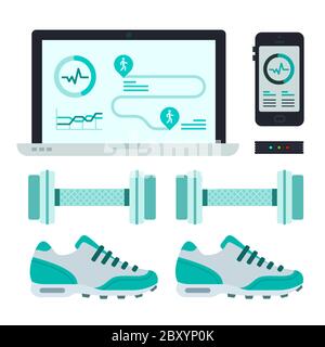 Set of sports equipment, app gadgets and shoes Fitness trackers vector icon flat isolated. Stock Vector