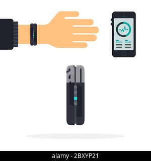Sport bracelet with luminous indicator on person’s hand Fitness trackers vector icon flat isolated. Stock Vector