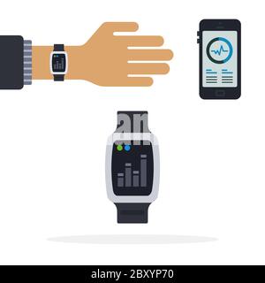 Fitness bracelet on hand with chart, phone with pulse Fitness trackers vector icon flat isolated. Stock Vector