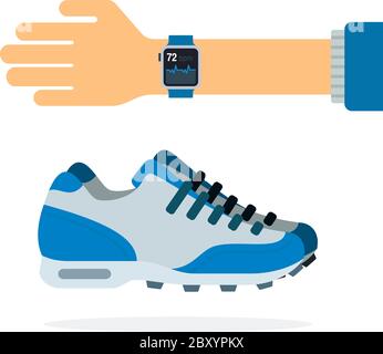 Sneakers and watch with heart rate on hand vector icon flat isolated Stock Vector