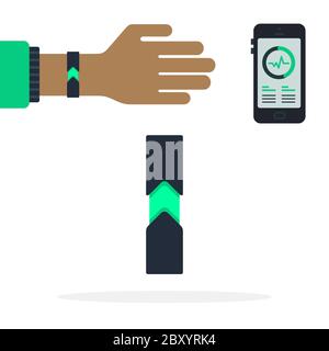 Sport bracelet on man's wrist and display with heartbeat Fitness trackers vector icon flat isolated. Stock Vector