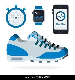 Set of Sports Equipment Fitness trackers vector icon flat isolated. Stock Vector