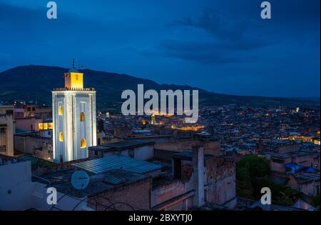 FEZ, MOROCCO - CIRCA MAY 2018:  View of Fez at night from the terrace of Palais Faraj Hotel Stock Photo