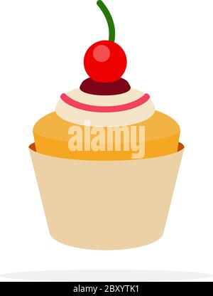 Muffin with cream and cherry flat isolated Stock Vector