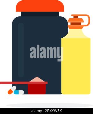 Plastic bank of protein, sports bottle for water, measuring spoon and tablets in capsules flat isolated Stock Vector