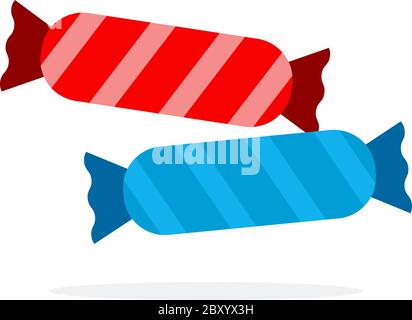 Long candies in blue and red striped wrapper flat isolated Stock Vector