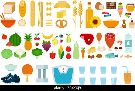 Protein, carbohydrate products, vegetables, fruits, products containing sugar and sports accessories vector flat isolated Stock Vector