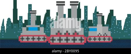 war tanks vehicles on the city 8 bits pixelated icons vector illustration design Stock Vector