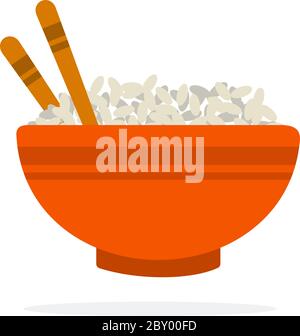 White rice in a clay dish with chopsticks flat isolated Stock Vector