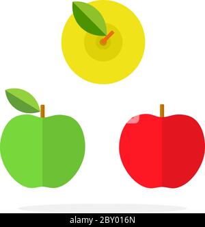 Red and green apples side view and yellow apple top view flat isolated Stock Vector