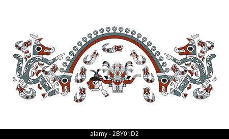 Tribal illustration with stylized warrior, typical of the Sican civilization, a pre-Inca culture that existed in the Ferreñafe province,  Lambayeque R Stock Vector