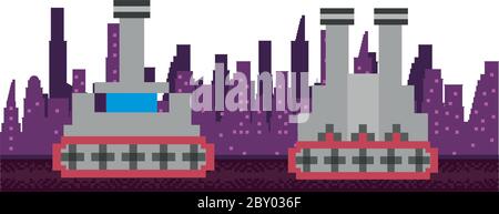 war tanks vehicles on the city 8 bits pixelated icons vector illustration design Stock Vector