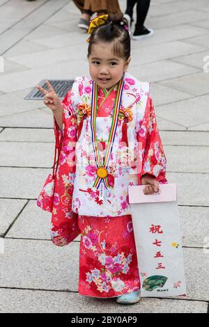 Tokyo Japan October 30th 2016 : Little girl in traditional Japanese kimono at the Meiji temple in Tokyo Stock Photo