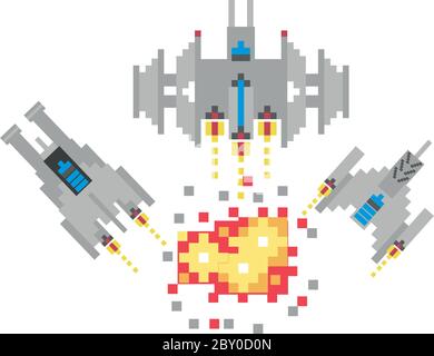 space ships fighting 8 bits pixelated icon vector illustration design Stock Vector