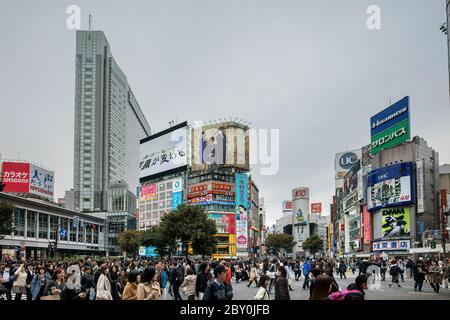Tokyo Japan October 30th 2016 : The famous Shibuya crossing in Tokyo, which is the worlds busiest pedestrian  crossing. Stock Photo