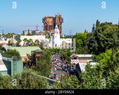 ANAHEIM, CALIFORNIA - May 25th, 2018 - Disney's California Adventure looking towards Carthay Circle and Guardians of the Galaxy - Mission: BREAKOUT Stock Photo