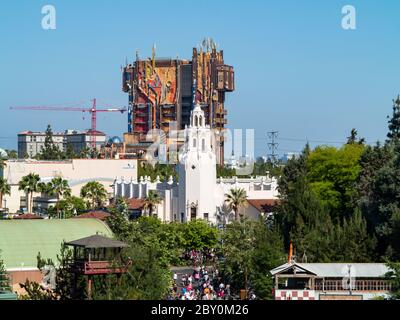 ANAHEIM, CALIFORNIA - May 25th, 2018 - Disney's California Adventure looking towards Carthay Circle and Guardians of the Galaxy - Mission: BREAKOUT Stock Photo